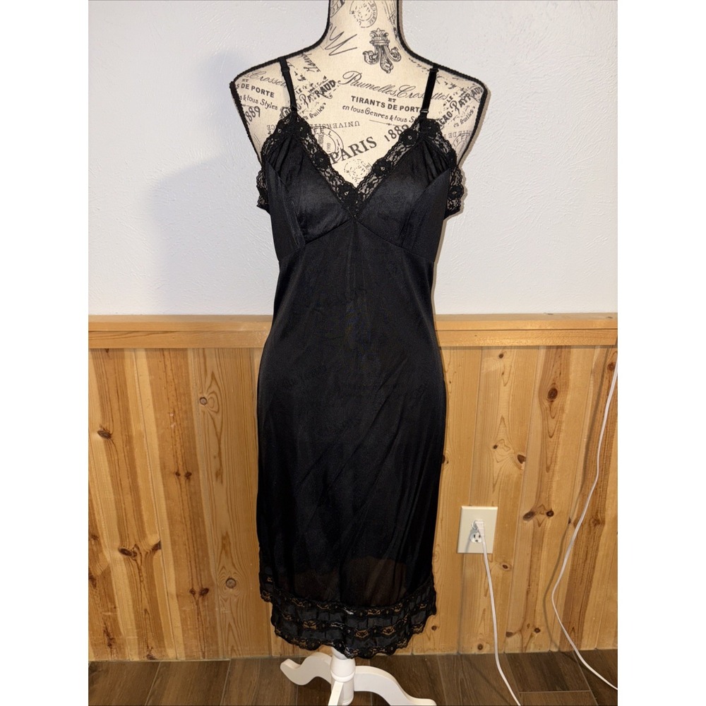 Vintage Movie Star Black Nylon Lace Full Slip Lingerie‎ Dress 36/l Made in USA